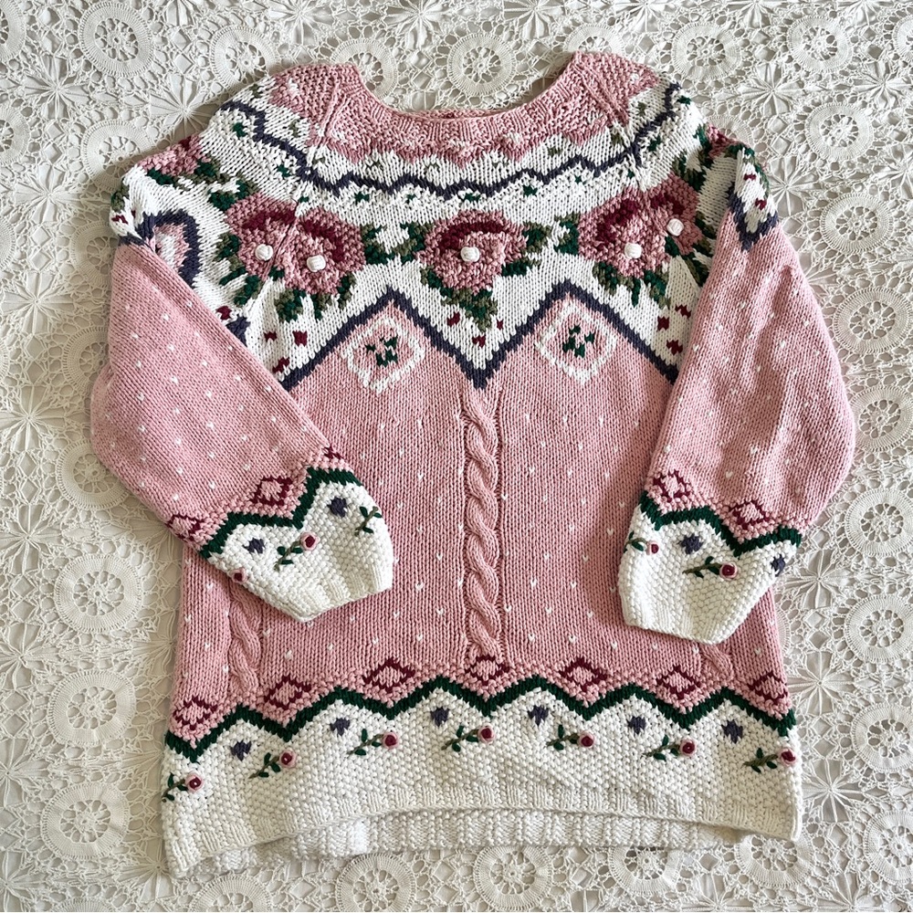 Vintage oversized floral pullover knit cotton Icelandic fair isle sweater